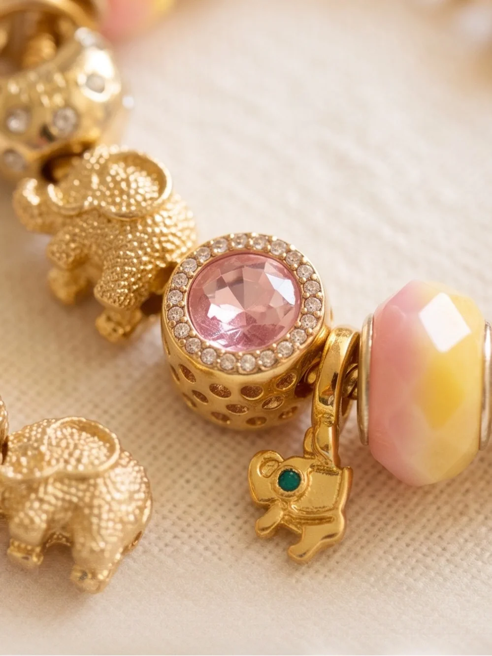 Cute Gold Teddy Bear & Safari Animal Charm Bracelet (Kids / Tweens - 6
